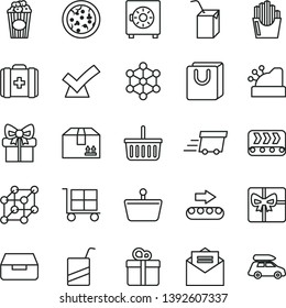 thin line vector icon set - cargo trolley vector, grocery basket, medical bag, e, packing of juice with a straw, received letter, drawer, strongbox, handles, cardboard box, gift, pizza, cup popcorn
