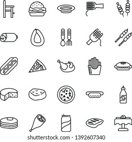 thin line vector icon set - a chair for feeding vector, iron fork spoons, sausage, stick of, cheese, fried vegetables on sticks, pizza, piece, Hot Dog, mini, burger, spaghetti, noodles, pie, plate