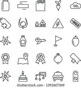 thin line vector icon set - danger of electricity vector, add bookmark, minus, label, pennant, toys over the cot, car, birthday cake, bottle, medlar, tamarillo, physalis, radish, CO2, jar, sd card