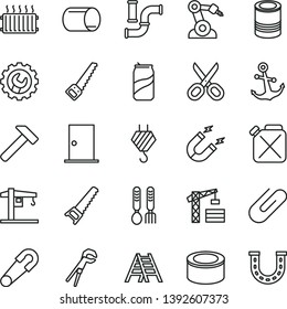 thin line vector icon set - scissors vector, safety pin, iron fork spoons, crane, tower, hook, adjustable wrench, hand saw, arm, ladder, ntrance door, gear, hammer, anchor, clip, canned goods, tin