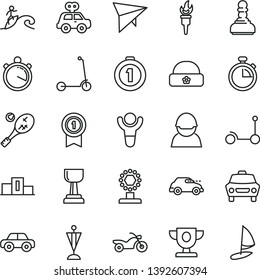 thin line vector icon set - stopwatch vector, motor vehicle, present, Kick scooter, child, warm hat, car, racer, retro, flame torch, winner, pedestal, prize, cup, gold, pawn, pennant, with, surfing