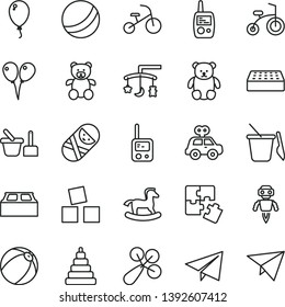 thin line vector icon set - paper airplane vector, toys over the cradle, baby rattle, bath ball, stacking toy, motor vehicle present, tumbler, phone, mobile, sand set, children's, teddy bear, small