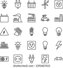 thin line vector icon set - lightning vector, incandescent lamp, bulb, power socket type b, f, dangers, wind energy, factory, accumulator, battery, light, hydroelectric station, plug, electric, car