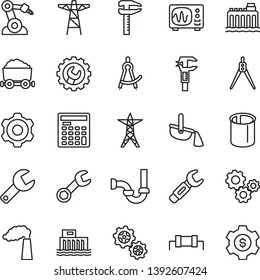 thin line vector icon set - repair key vector, cogwheel, sewerage, gear, manufacture, hydroelectric station, hydroelectricity, power line, pole, gears, pipes, robot welder, steel, calipers, caliper