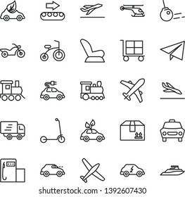 thin line vector icon set - cargo trolley vector, paper airplane, car child seat, baby toy train, bicycle, Kick scooter, core, cardboard box, modern gas station, production conveyor, eco, electric