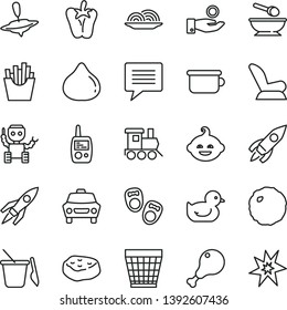 thin line vector icon set - image of thought vector, wicker pot, car child seat, baby duckling, toy mobile phone, children's sand set, deep plate with a spoon, potty, funny hairdo, train, small yule