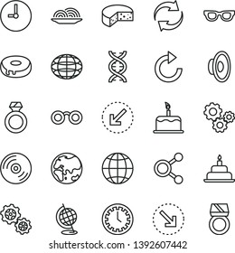 thin line vector icon set - clock face vector, renewal, clockwise, loudspeaker, birthday cake, wall, left bottom arrow, CD, earth, right, cheese, onion, with a hole, planet, gears, connections, dna