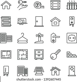 thin line vector icon set - house vector, bedside table, chest of drawers, dwelling, brick wall, long meashuring tape, laying out, lay flat, power socket type f, key, door knob, ntrance, buildings