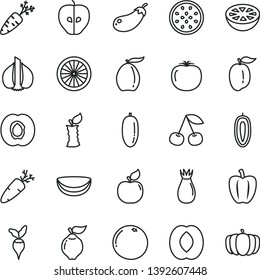 thin line vector icon set - carrot vector, cherry, half apricot, quince, tasty apple, rose hip, loquat, peach, date fruit, ripe plum, sweet, of passion, orange, piece coconut, grapefruit, stub