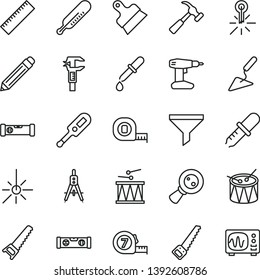 thin line vector icon set - graphite pencil vector, yardstick, electronic thermometer e, mercury, drumroll, drum, building trowel, drill, hand saw, arm, measuring tape, long meashuring, putty knife