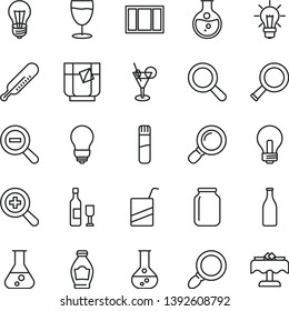 thin line vector icon set - incandescent lamp vector, magnifier, zoom, out, mercury thermometer, e, window frame, bulb, a glass of tea, bottle, round flask, jar, test tube, wine, cocktail