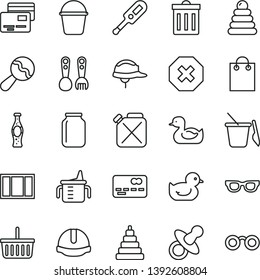 thin line vector icon set - bin vector, mark of injury, grocery basket, dummy, measuring cup for feeding, beanbag, electronic thermometer e, rubber duck, baby duckling, stacking rings, toy, bucket