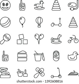 thin line vector icon set - beanbag vector, baby rattle, duckling, bath ball, stacking rings, toy, roly poly doll, phone, mobile, sand set, children's, rocking horse, small, cubes for children