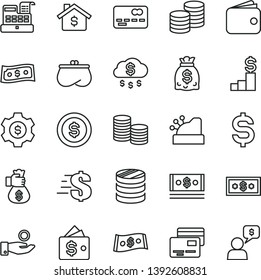 thin line vector icon set - dollar vector, cards, coins, front of the bank card, column, denomination, catch a coin, wallet, purse, dollars, cash, machine, cashbox, money bag hand, rain, mortgage