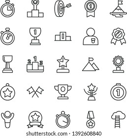 thin line vector icon set - stopwatch vector, pedestal, winner, podium, prize, award, cup, gold, star, reward, man with medal, motivation, mountain flag, purpose, first place, pennant, ribbon