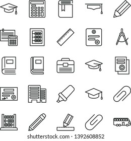 thin line vector icon set - clip vector, graphite pencil, yardstick, book, new abacus, portfolio, buildings, drawing, calculation, square academic hat, scribed compasses, text highlighter, graduate