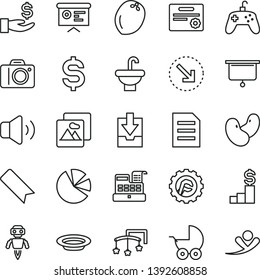 thin line vector icon set - camera vector, bookmark, download archive data, toys over the cot, baby stroller, washbasin, star gear, picture, volume, right bottom arrow, plate, coconut, beans, file