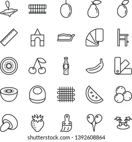 thin line vector icon set - yardstick vector, baby bib, a chair for feeding, small yule, box of bricks, colored air balloons, color samples, sample colour, plastic brush, porcini, cake slice, orange