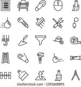 thin line vector icon set - new abacus vector, safety pin, open, winch hook, big core, garden trolley, trowel, concrete mixer, small tools, long meashuring tape, plastic brush, wooden paint, plummet