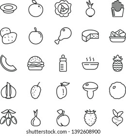 thin line vector icon set - feeding bottle vector, cheese, burger, mushroom, hot porridge, lettuce in a plate, of milk, chicken leg, cabbage, beet, fried potato slices, peach, squash, mulberry