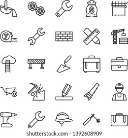 thin line vector icon set - repair key vector, briefcase, tower crane, builder, brickwork, gears, building trolley, trowel, drill, hand saw, long meashuring tape, writing accessories, drawing, case