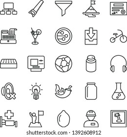 thin line vector icon set - silent mode vector, download archive data, powder, tricycle, workman, hand saw, brick, headphones, chili, lime, jar, filter, scheme, cash machine, network, flask, bulb