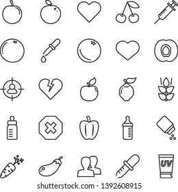 thin line vector icon set - heart symbol vector, mark of injury, women, feeding bottle, measuring for, baby powder, broken, orange, mint, cherry, half apricot, quince, tasty plum, delicious apple