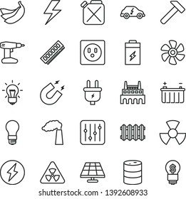 thin line vector icon set - lightning vector, drill, new radiator, hammer, regulator, bananas, marine propeller, charging battery, solar panel, manufacture, barrel, light bulb, plug, socket, memory
