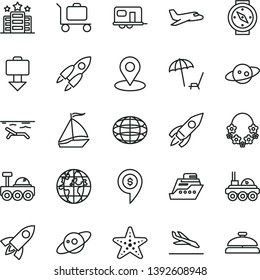 thin line vector icon set - geolocation vector, rocket, globe, planet, saturn, lunar rover, dollar pin, plane, camper, sail boat, getting baggage, arrival, beach, arnchair under umbrella, starfish