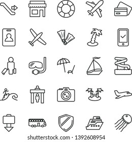 thin line vector icon set - plane vector, bus, sail boat, escalator, identity card, security gate, passenger, phone registration, getting baggage, credit, arnchair under umbrella, palm tree, surfing