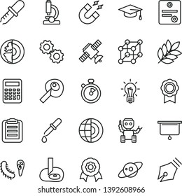 thin line vector icon set - microscope vector, bulb, gears, satellite, bactery, pipette, magnet, graduate hat, clipboard, calculator, artifical insimination, earth core, medal, robot, saturn