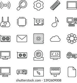 thin line vector icon set - monitor vector, screen, processor, computer, notebook pc, fan, cpu, memory, card, gpu, web camera, router, browser, coding, lan connector, wireless, projector, magnifier