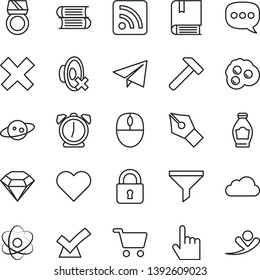 thin line vector icon set - paper airplane vector, cross, silent mode, rss feed, e, books, hammer, lock, alarm clock, heart, index finger, omelette, bottle, shopping cart, filter, speech, mouse