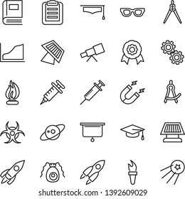 thin line vector icon set - magnet vector, rocket, telescope, glasses, gears, bactery, book, biohazard, flame, graduate hat, clipboard, drawing compass, growth graph, medal, sun panel, saturn, torch