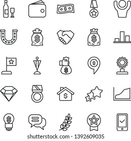 thin line vector icon set - chart vector, hand shake, wallet, dollars, growth graph, laurel branch, cup, star flag, pennant, medal, diamond, gold ring, money bag, dialog, hands up man, mortgage, pin