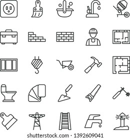thin line vector icon set - builder vector, brickwork, brick wall, hook, building trolley, trowel, concrete mixer, window frame, hand saw, sample of colour, plastic brush, stepladder, suitcase, pole