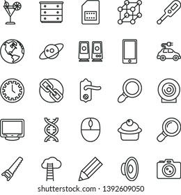 thin line vector icon set - clock face vector, spectacles, loudspeaker, chest of drawers, electronic thermometer e, hand saw, door knob, smartphone, lens, muffin, cocktail, electric car, SIM card