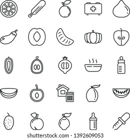 thin line vector icon set - feeding bottle vector, measuring for, mercury thermometer, bag of a paramedic, estimate, hot porridge, peach, quince, tasty apple, fig, half medlar, blueberry, mulberry