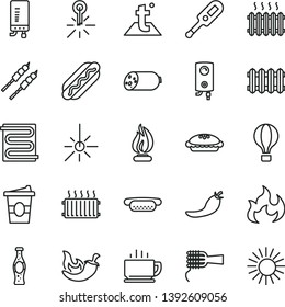 thin line vector icon set - electronic thermometer vector e, heating coil, temperature, new radiator, boiler, coffee, sausage, Hot Dog, mini, noodles, pie, barbecue, chili, coffe to go, red pepper