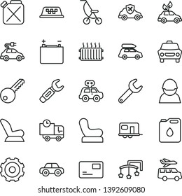 thin line vector icon set - truck lorry vector, toys over the cot, Baby chair, car child seat, summer stroller, motor vehicle, present, key, pass card, delivery, accumulator, racer, canister, of oil