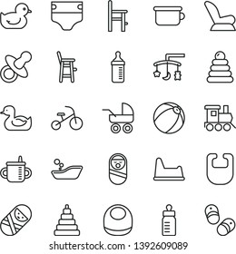 thin line vector icon set - toys over the cradle vector, dummy, mug for feeding, bottle, measuring, diaper, bib, baby, car child seat, carriage, rubber duck, duckling, bath ball, children's bathroom