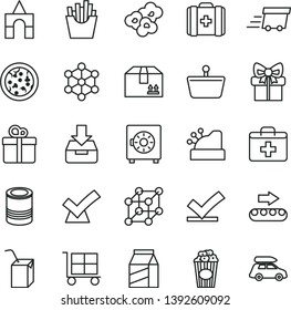 thin line vector icon set - cargo trolley vector, first aid kit, medical bag, packing of juice with a straw, box bricks, put in, strongbox, cardboard, gift, package, tin, pizza, French fries, cup