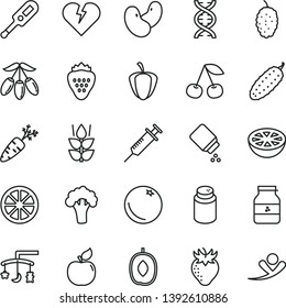thin line vector icon set - toys over the cradle vector, powder, baby, electronic thermometer e, broken heart, cucumber, jar of jam, strawberry, orange, mint, cherry, apricot, mulberry, goji berry