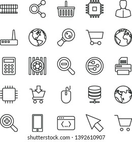 thin line vector icon set - sign of the planet vector, grocery basket, zoom, out, smartphone, big data server, put in cart, magnifying glass, connections, woman, calculator, radiator fan, mouse, cpu