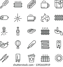 thin line vector icon set - electronic thermometer vector e, mercury, heating coil, radiator, new, boiler, coffee, sausage, Hot Dog, chop, barbecue, chili, cup of tea, coffe to go, a glass, outdoor