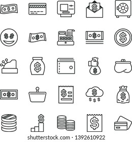 thin line vector icon set - bank card vector, purse, strongbox, shopping basket, coins, column of, dollar, article on the, financial item, money, dollars, cash, machine, cashbox, bag hand, rain, atm