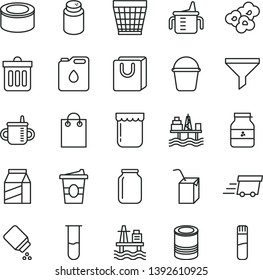 thin line vector icon set - wicker pot vector, mug for feeding, measuring cup, powder, baby, packing of juice with a straw, bucket, dust bin, bag handles, package, canned goods, tin, popcorn, jam