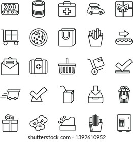 thin line vector icon set - cargo trolley vector, grocery basket, first aid kit, medical bag, packing of juice with a straw, received letter, put in box, handles, gift, shipment, tin, pizza, popcorn