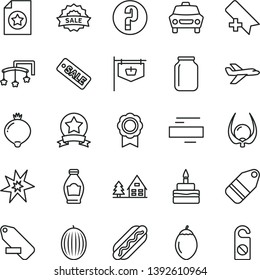thin line vector icon set - add bookmark vector, minus, remove label, question, toys over the cot, car, Hot Dog, birthday cake, bottle, medlar, melon, tamarillo, physalis, jar, vintage sign, medal