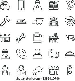 thin line vector icon set - builder vector, workman, building trolley, smartphone, delivery, 24, operator, shipment, gas station, industrial enterprise, repair key, kiosk, stall, phone call, taxi